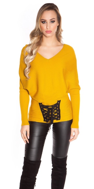 Trendy bat sweater with lacing Mustard